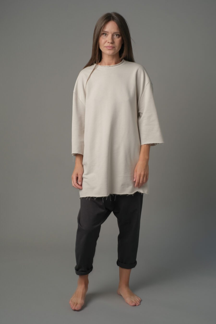 MATSU. 0003 RAW EDGE T – SHIRT – FRENCH TERRY KNIT - CLAY. UNISEX. FRONT VIEW
