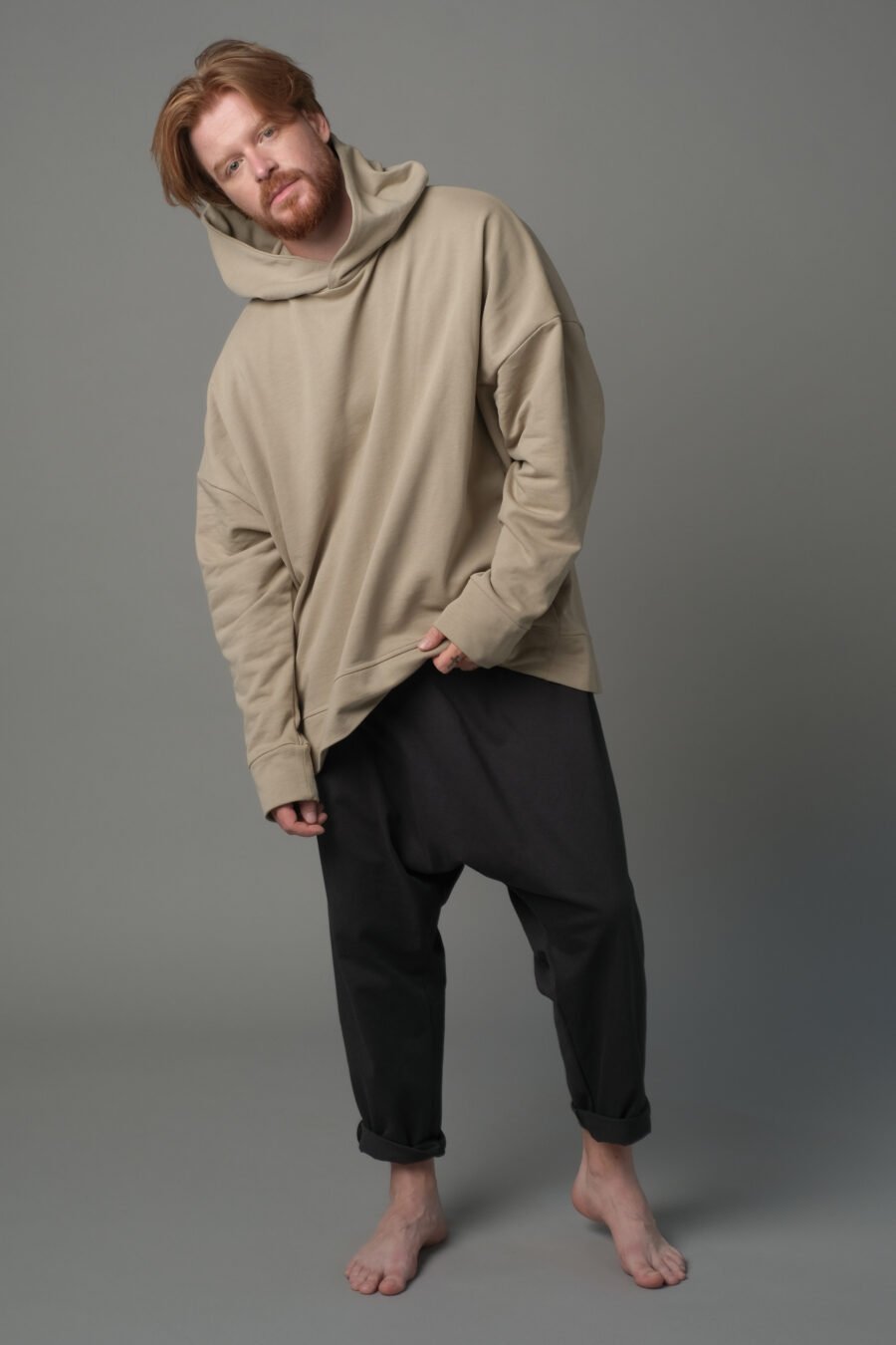 MATSU. 0002 HOODIE-FRENCH TERRY KNIT- DUSTY BEIGE. UNISEX. FRONT VIEW
