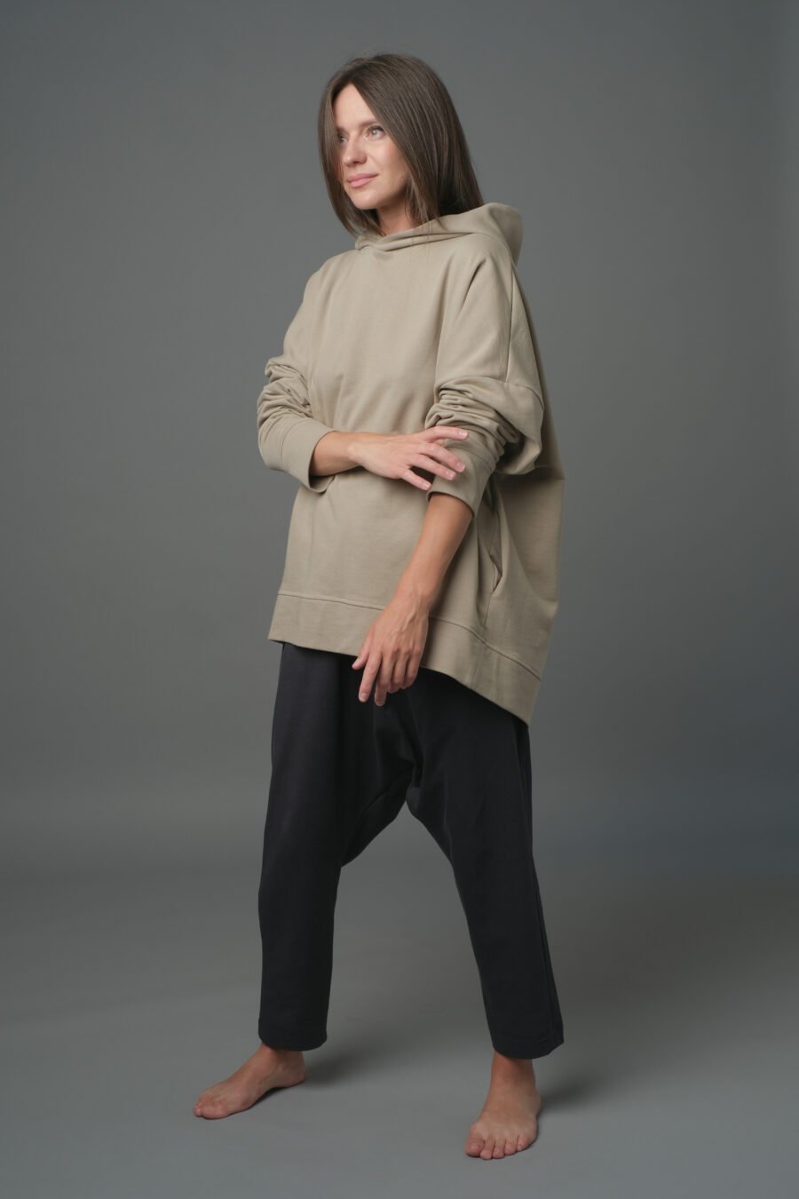 MATSU. 0002 HOODIE-FRENCH TERRY KNIT- DUSTY BEIGE. UNISEX. FRONT VIEW