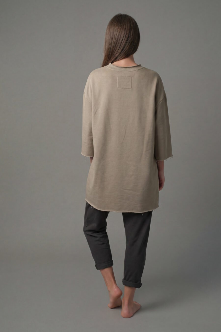 MATSU. 0003 RAW EDGE T – SHIRT – FRENCH TERRY KNIT – DUSTY BEIGE. BACK VIEW