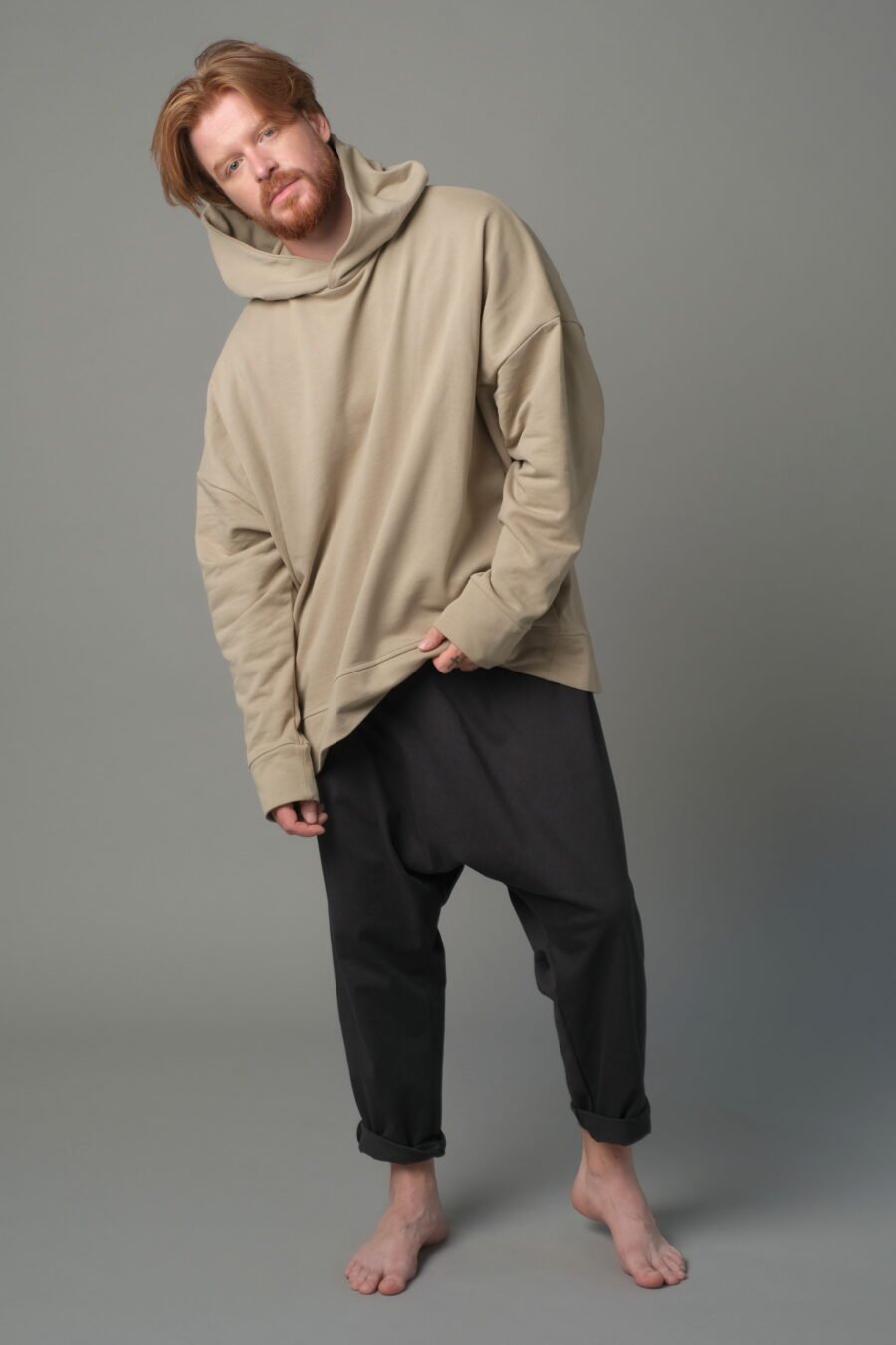 MATSU. 0002 HOODIE-FRENCH TERRY KNIT- DUSTY BEIGE. UNISEX. FRONT VIEW