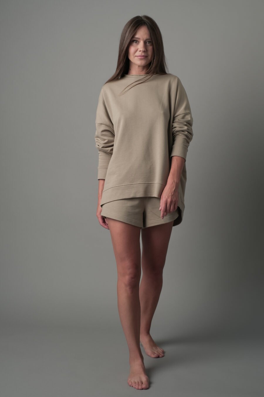 MATSU. 0009 PAJAMA SHORTS – FRENCH TERRY KNIT – DUSTY BEIGE. FRONT VIEW