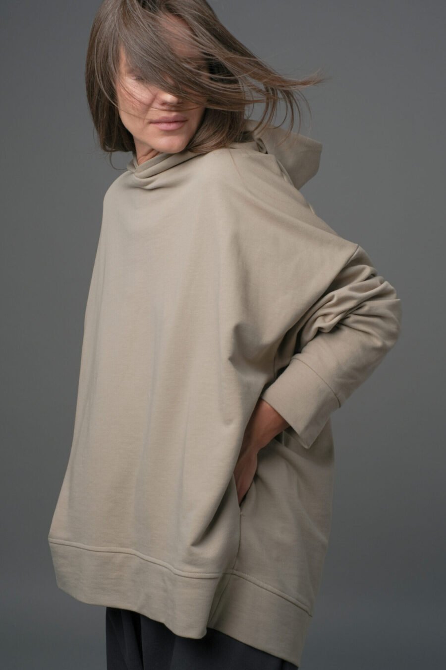 MATSU. 0002 HOODIE-FRENCH TERRY KNIT- DUSTY BEIGE. UNISEX. FRONT VIEW